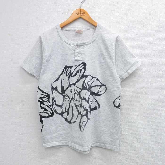 【50%OFF】M★古着 半袖 ビンテージ Tシャツ メンズ 90年代 90s 手 ヘンリーネック USA製 薄グレー 霜降り 【spe】 25aug09 中古
