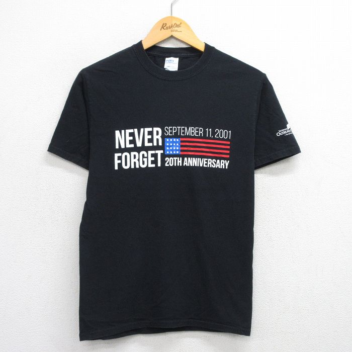 S★古着 半袖 Tシャツ メンズ NEVER FORGET コットン クルーネック 黒 ブラック 25aug12 中古