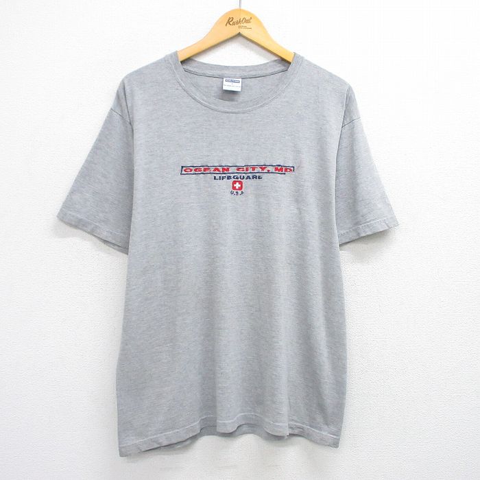 【20%OFF】L★古着 半袖 ビンテージ Tシャツ メンズ 00年代 00s OGEAN CITY 刺繍 コットン クルーネック グレー 霜降り 25aug12 中古