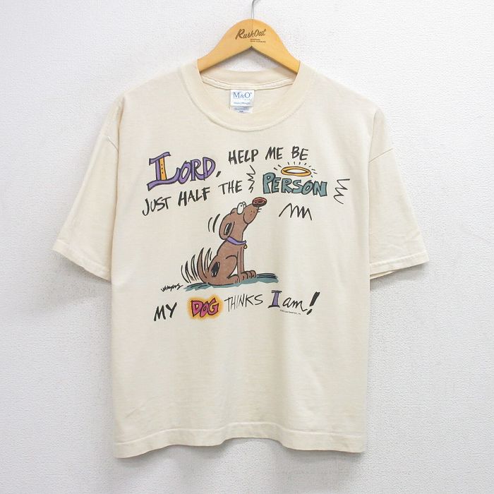 【50%OFF】L★古着 半袖 ビンテージ Tシャツ メンズ 90年代 90s 犬 コットン クルーネック 薄ベージュ カーキ 25aug12 中古