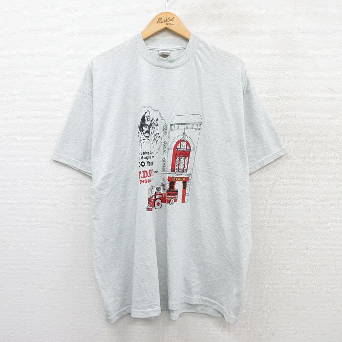 XL★古着 フルーツオブザルーム 半袖 ビンテージ Tシャツ メンズ 90年代 90s 消防署 大きいサイズ クルーネック 薄グレー 霜降り 25aug12 中古