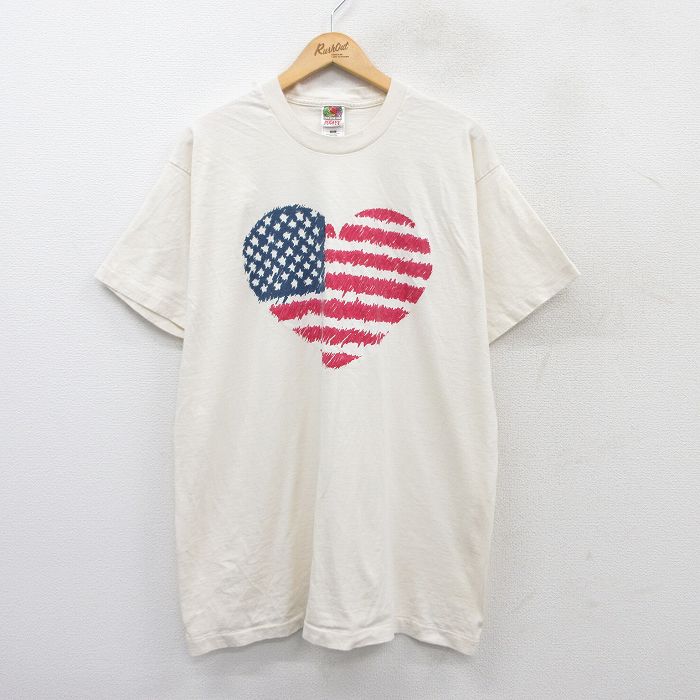 【50%OFF】XL★古着 フルーツオブザルーム 半袖 ビンテージ Tシャツ メンズ 90年代 90s ハート 星条旗 コットン クルーネック USA製 生成り 25aug12 中古