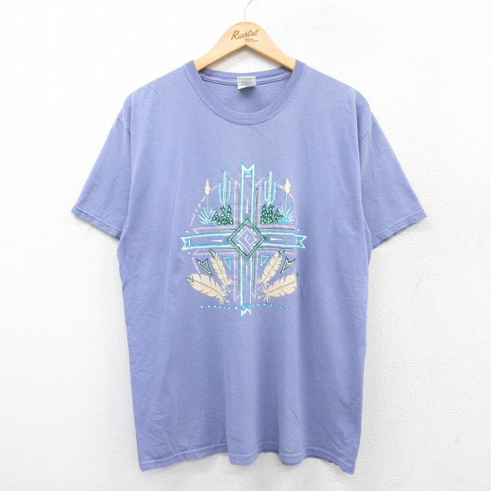 L★古着 半袖 ビンテージ Tシャツ メンズ 00年代 00s 羽 サボテン コットン クルーネック 薄紫 パープル 25aug12 中古