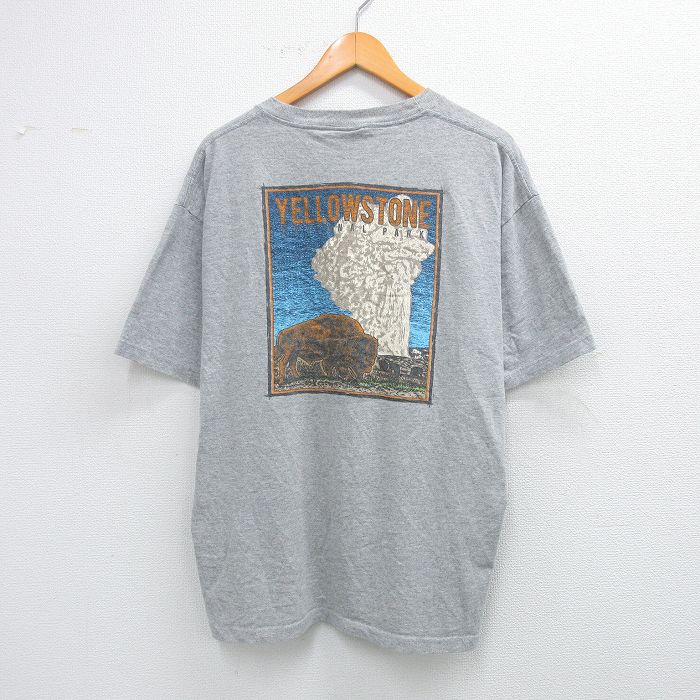 XL★古着 半袖 ビンテージ Tシャツ メンズ 90年代 90s YELLOWSTONE 大きいサイズ コットン クルーネック USA製 グレー 霜降り 【spe】 25aug12 中古