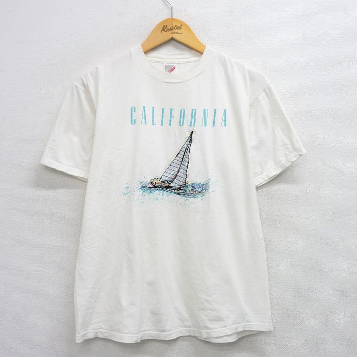 L★古着 ジャージーズ 半袖 ビンテージ Tシャツ メンズ 90年代 90s カリフォルニア ヨット 刺繍 コットン クルーネック USA製 白 ホワイト 25aug12 中古