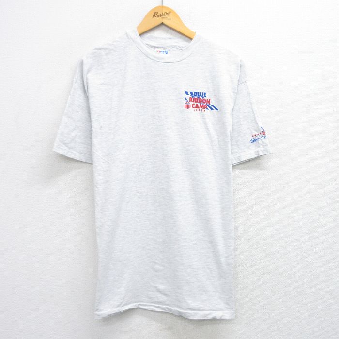 XL★古着 ヘインズ Hanes 半袖 ビンテージ Tシャツ メンズ 90年代 90s BLUE RIBBON CAMP 大きいサイズ クルーネック USA製 薄グレー 霜降り 25aug12 中古