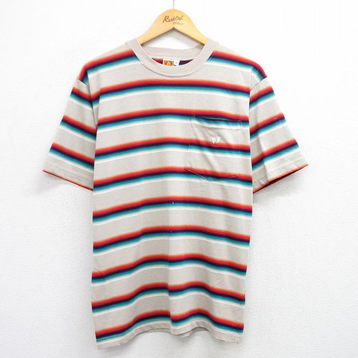 【20%OFF】XL★古着 ハンテン HANG TEN 半袖 ビンテージ Tシャツ メンズ 80年代 80s 胸ポケット付き クルーネック USA製 ベージュ他 カーキ ボーダー 25aug12 中古
