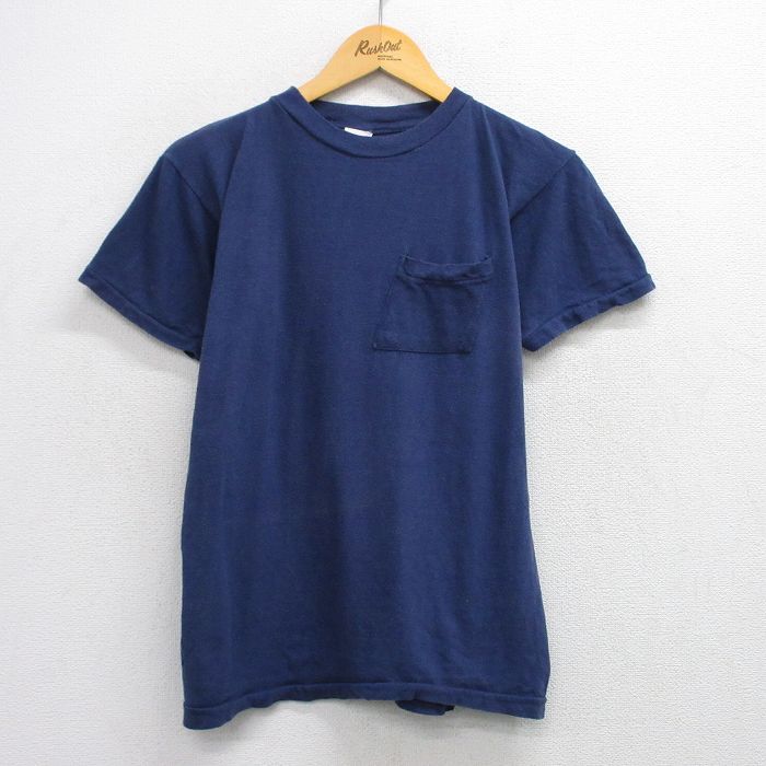 M★古着 半袖 ビンテージ Tシャツ メンズ 80年代 80s 無地 胸ポケット付き クルーネック 紺 ネイビー 25aug12 中古