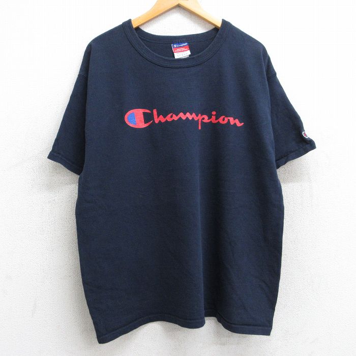 XL★古着 チャンピオン champion 半袖 ビンテージ Tシャツ メンズ 00年代 00s ビッグロゴ 大きいサイズ コットン クルーネック 紺 ネイビー 25aug13 中古