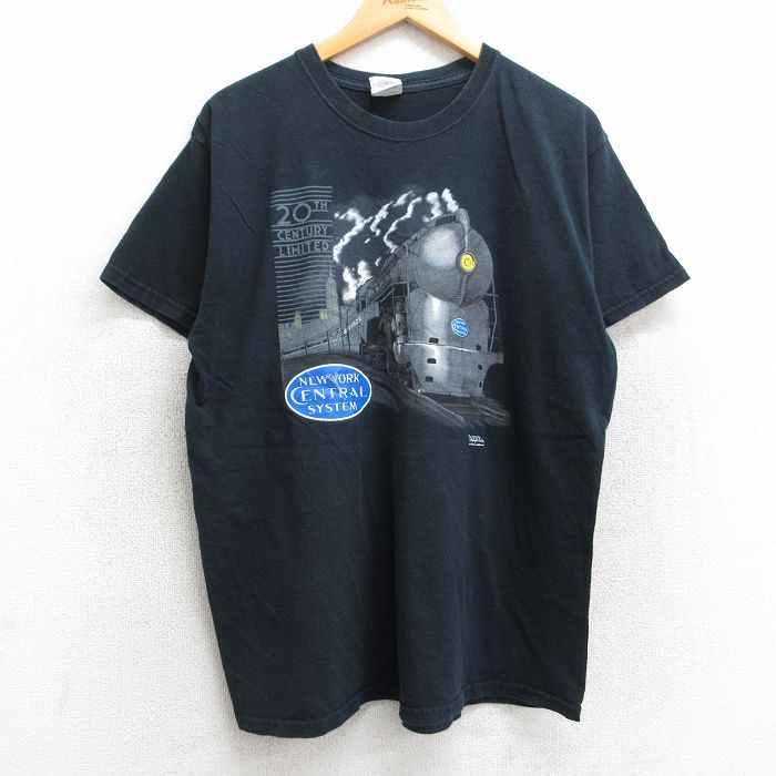 【50%OFF】L★古着 半袖 ビンテージ Tシャツ メンズ 00年代 00s 機関車 コットン クルーネック 黒 ブラック 25aug13 中古