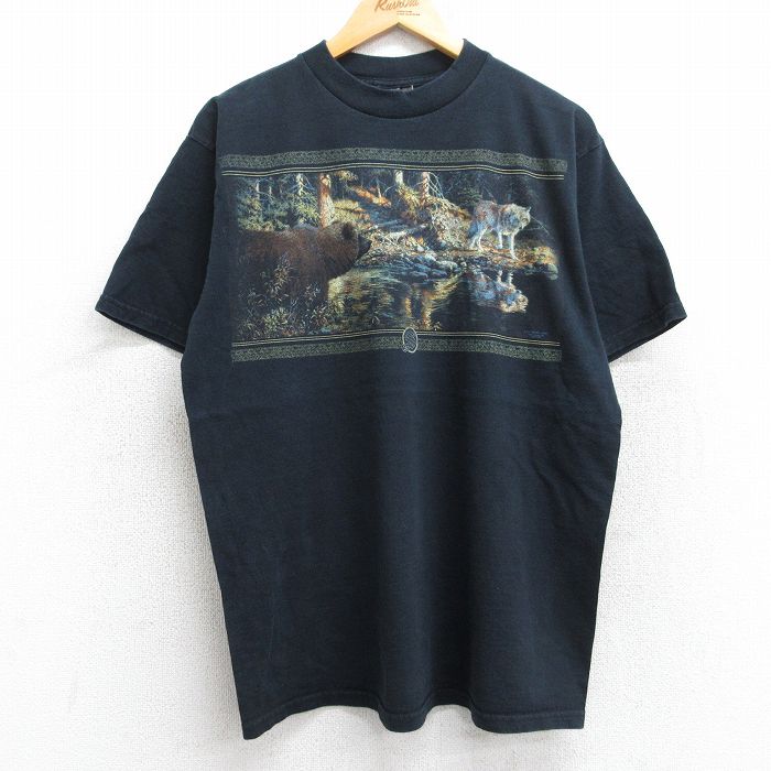 L★古着 半袖 ビンテージ Tシャツ メンズ 00年代 00s クマ オオカミ クルーネック 黒 ブラック 25aug13 中古