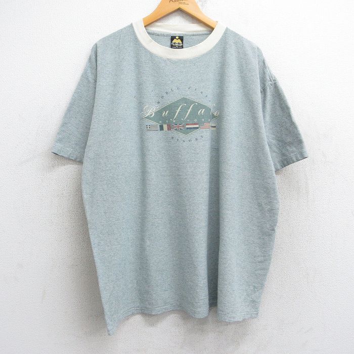 XL★古着 半袖 ビンテージ Tシャツ メンズ 90年代 90s バッファロー 国旗 大きいサイズ クルーネック USA製 緑他 グリーン ボーダー 【spe】 25aug13 中古