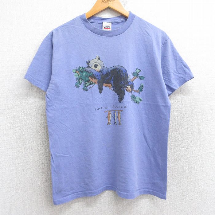 M★古着 半袖 ビンテージ Tシャツ メンズ 00年代 00s クマ 魚 コットン クルーネック 薄紫 パープル 25aug13 中古