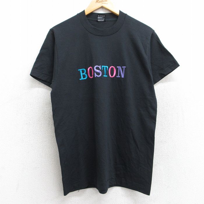 M★古着 フルーツオブザルーム 半袖 ビンテージ Tシャツ メンズ 90年代 90s ボストン 刺繍 クルーネック USA製 黒 ブラック 25aug13 中古