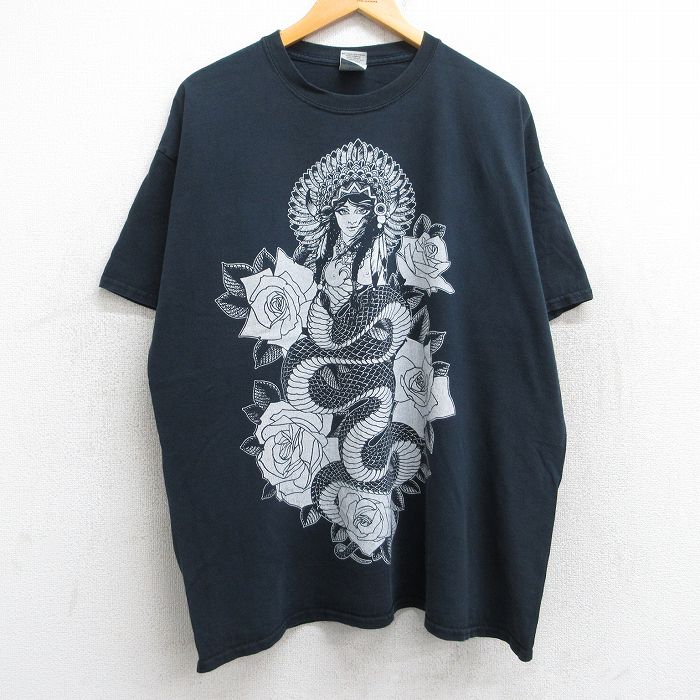 XL★古着 半袖 ビンテージ Tシャツ メンズ 00年代 00s 女性 バラ 大きいサイズ コットン クルーネック 黒 ブラック 25aug13 中古