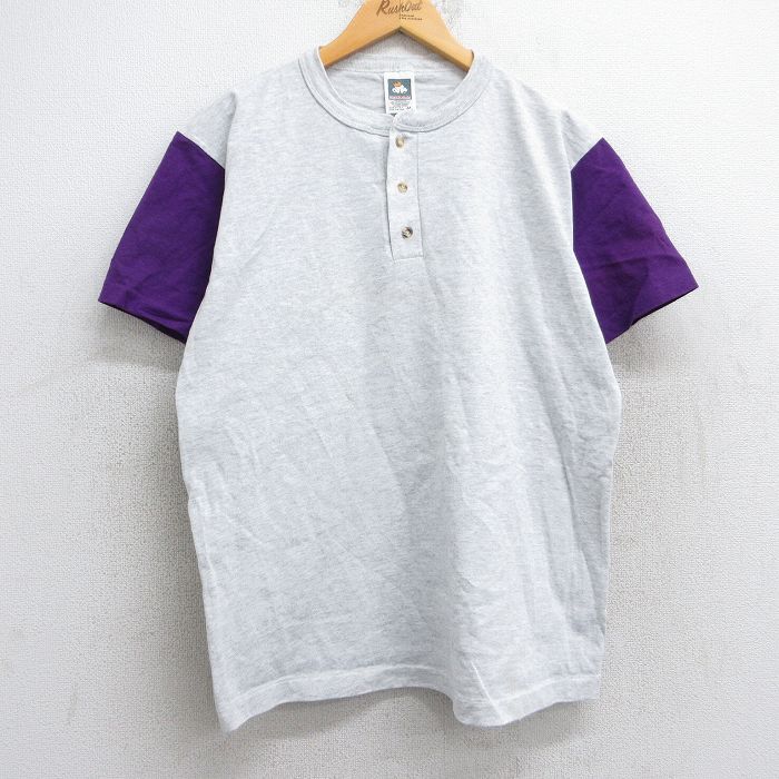 【50%OFF】L★古着 半袖 ビンテージ Tシャツ メンズ 90年代 90s 無地 ツートンカラー ヘンリーネック USA製 薄グレー他 霜降り 【spe】 25aug13 中古