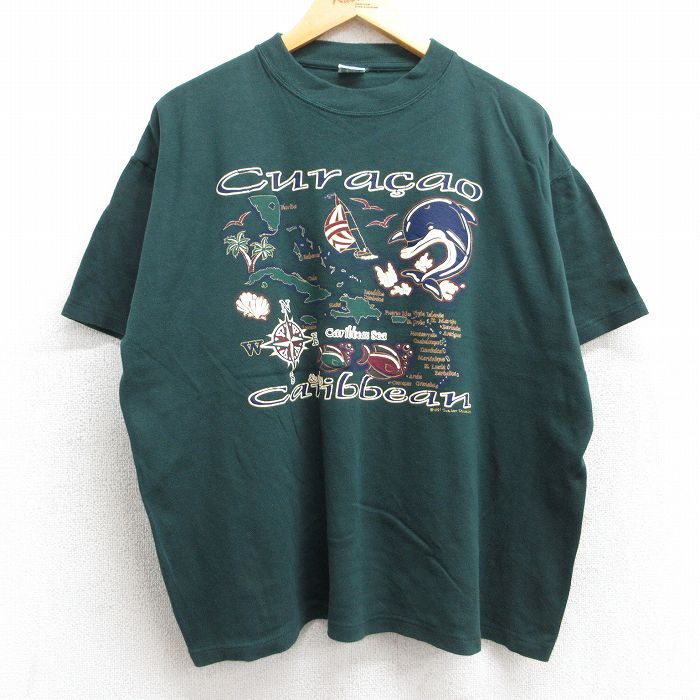 XL★古着 半袖 ビンテージ Tシャツ メンズ 90年代 90s キュラソー イルカ 魚 大きいサイズ コットン クルーネック 濃緑 グリーン 25aug13 中古