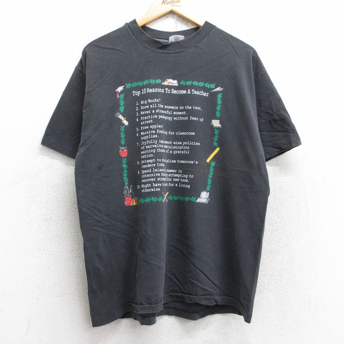 XL★古着 ヘインズ Hanes 半袖 ビンテージ Tシャツ メンズ 90年代 90s メッセージ コットン クルーネック USA製 黒 ブラック 25aug13 中古