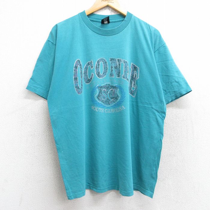 XL★古着 リーボック REEBOK 半袖 ビンテージ Tシャツ メンズ 90年代 90s オコニー コットン クルーネック USA製 青緑 25aug13 中古