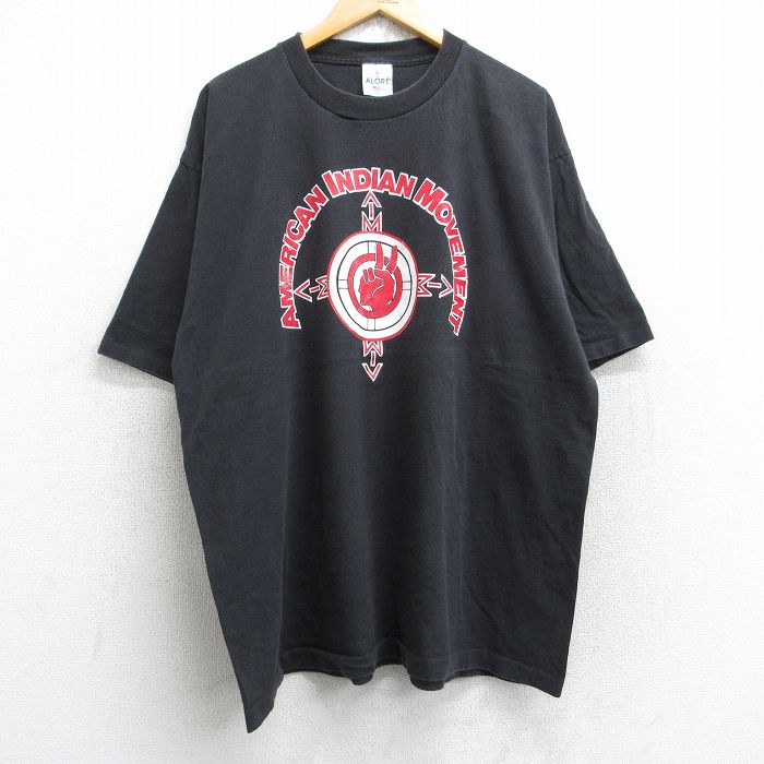 【20%OFF】XL★古着 半袖 ビンテージ Tシャツ メンズ 90年代 90s アメリカンインディアン運動 大きいサイズ コットン クルーネック USA製 黒 ブラック 【spe】 25aug13 中古