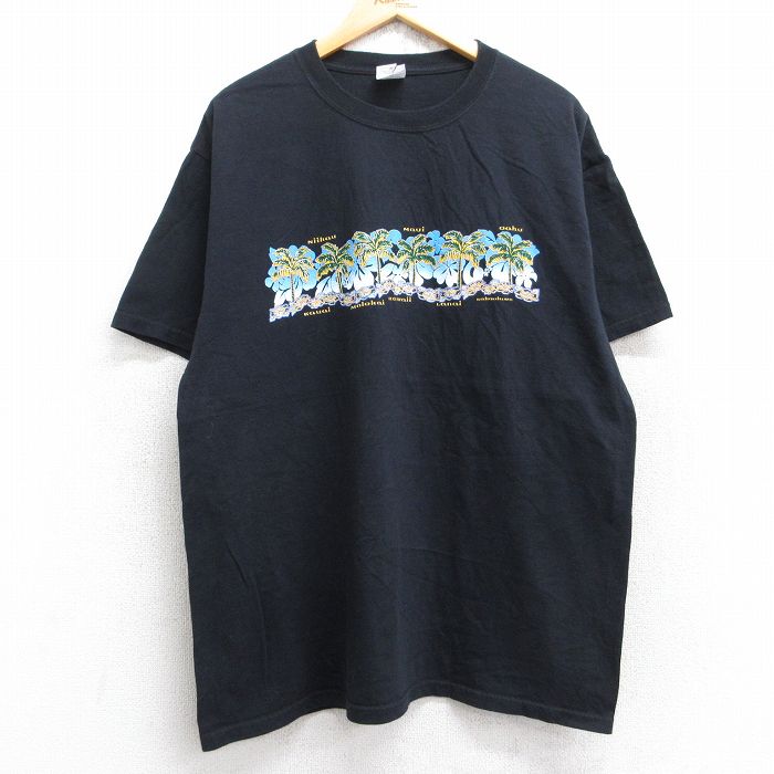 XL★古着 半袖 ビンテージ Tシャツ メンズ 00年代 00s ヤシの木 ハイビスカス コットン クルーネック 黒 ブラック 25aug13 中古