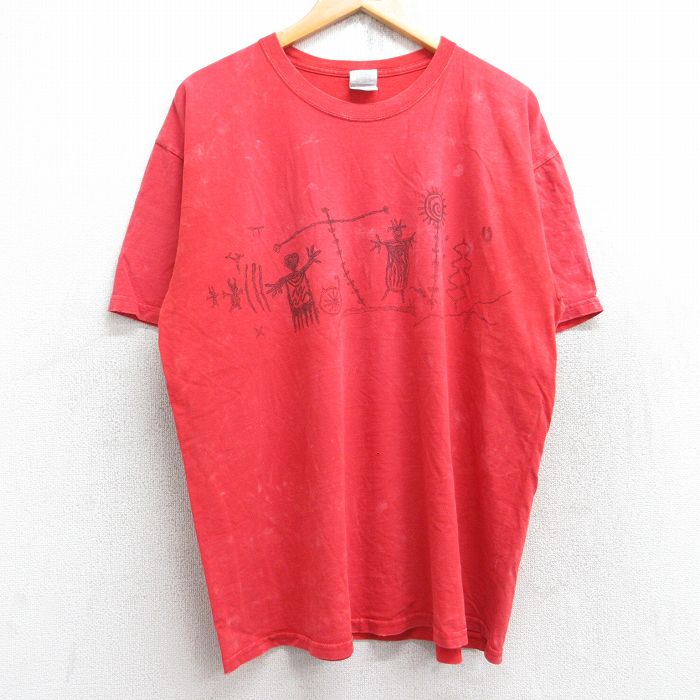 XL★古着 半袖 ビンテージ Tシャツ メンズ 00年代 00s 壁画 コットン クルーネック 赤 レッド タイダイ 25aug13 中古