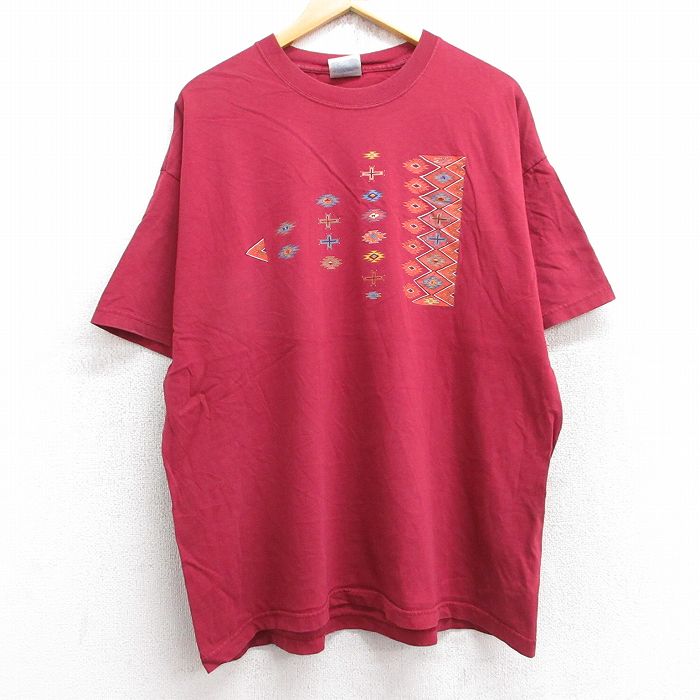 XL★古着 半袖 ビンテージ Tシャツ メンズ 00年代 00s ネイティブ柄 ラグ柄 大きいサイズ コットン クルーネック エンジ 25aug13 中古