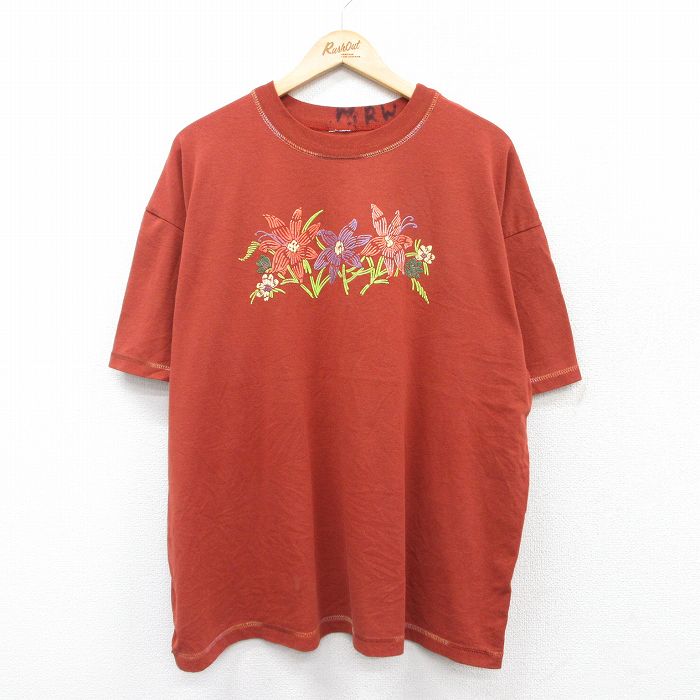 XL★古着 半袖 ビンテージ Tシャツ メンズ 90年代 90s 花 大きいサイズ クルーネック 濃オレンジ系 25aug18 中古