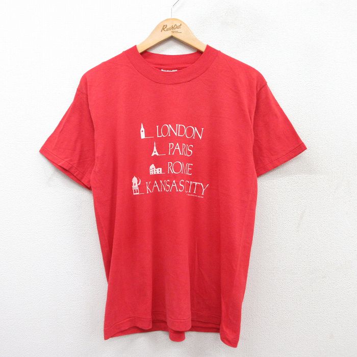 L★古着 オニータ ONEITA 半袖 ビンテージ Tシャツ メンズ 80年代 80s ロンドン パリ クルーネック 赤 レッド 25aug18 中古