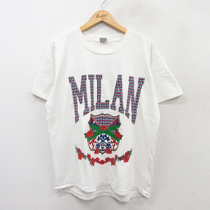 L★古着 半袖 ビンテージ Tシャツ メンズ 90年代 90s MILAN 花 コットン クルーネック USA製 白 ホワイト 25aug18 中古