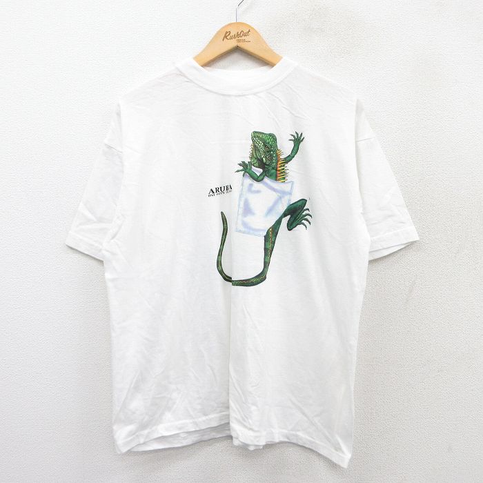 【50%OFF】XL★古着 半袖 ビンテージ Tシャツ メンズ 90年代 90s イグアナ コットン クルーネック 白 ホワイト 25aug18 中古