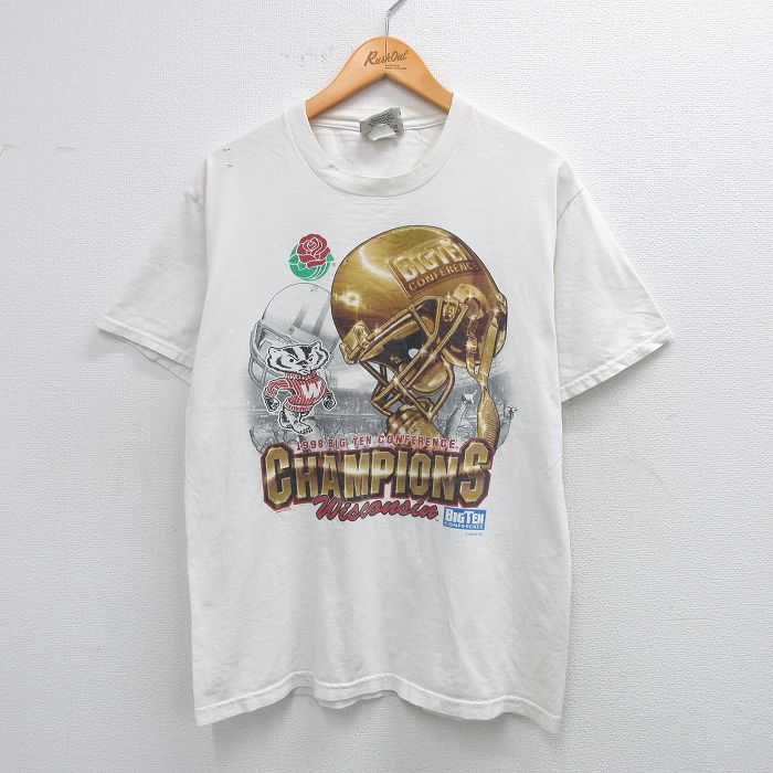 M★古着 リー Lee 半袖 ビンテージ Tシャツ メンズ 90年代 90s ウィスコンシンバジャーズ フットボール コットン クルーネック 白 ホワイト 25aug19 中古