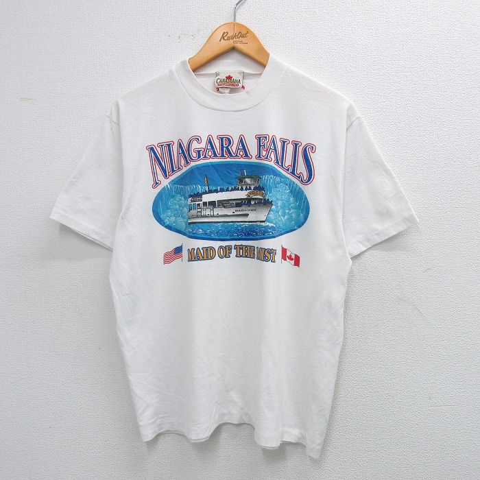 L★古着 半袖 ビンテージ Tシャツ メンズ 90年代 90s ナイアガラの滝 船 クルーネック カナダ製 白 ホワイト 25aug19 中古