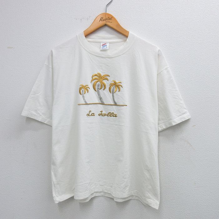 XL★古着 ジャージーズ 半袖 ビンテージ Tシャツ メンズ 90年代 90s ヤシの木 刺繍 コットン クルーネック USA製 白 ホワイト 25aug19 中古