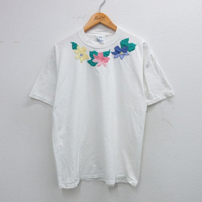 【50%OFF】L★古着 ジャージーズ 半袖 ビンテージ Tシャツ メンズ 90年代 90s 花 コットン クルーネック USA製 白 ホワイト 25aug19 中古