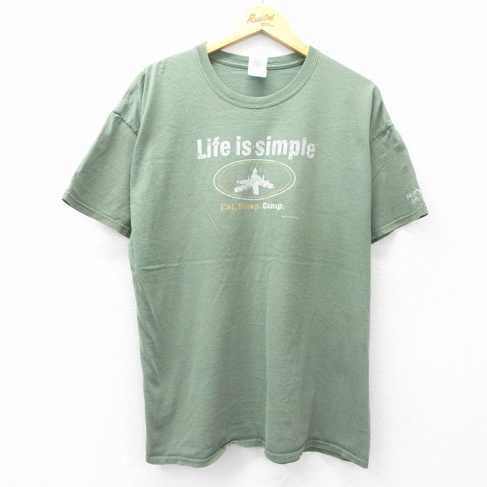 XL★古着 半袖 ビンテージ Tシャツ メンズ 00年代 00s たき火 コットン クルーネック 緑系 グリーン 25aug19 中古