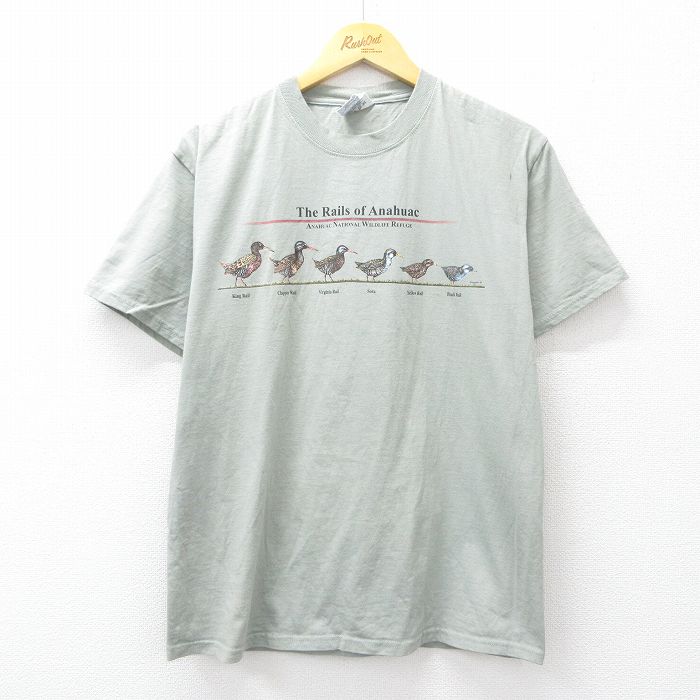M★古着 半袖 ビンテージ Tシャツ メンズ 00年代 00s 鳥 コットン クルーネック 緑系 グリーン 25aug19 中古