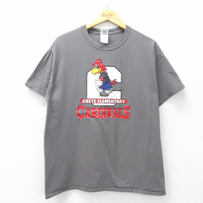 【50%OFF】L★古着 半袖 ビンテージ Tシャツ メンズ 00年代 00s 鳥 カーディナルズ コットン クルーネック 濃グレー 25aug19 中古