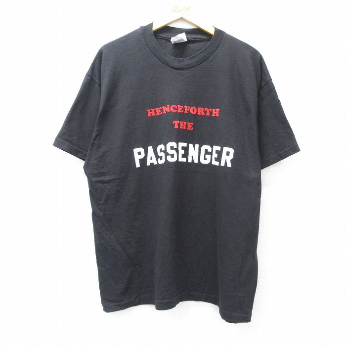 XL★古着 ヘインズ Hanes 半袖 ビンテージ Tシャツ メンズ 90年代 90s PASSENGER フロッキープリント コットン クルーネック USA製 黒 ブラック 25aug19 中古