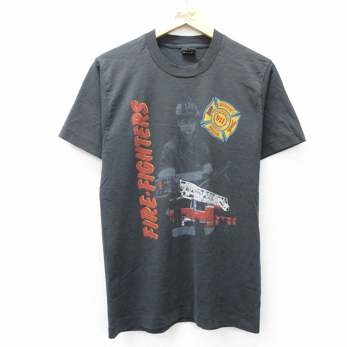 M★古着 フルーツオブザルーム 半袖 ビンテージ Tシャツ メンズ 90年代 90s 消防士 消防車 クルーネック 黒 ブラック 25aug19 中古