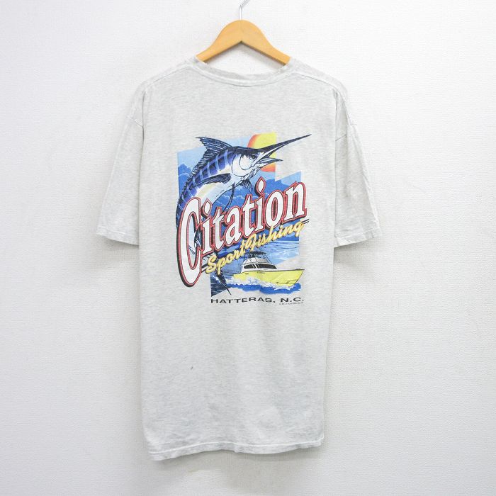 XL★古着 半袖 ビンテージ Tシャツ メンズ 90年代 90s 魚 Citation 胸ポケット付き 大きいサイズ コットン クルーネック USA製 薄グレー 霜降り 25aug19 中古