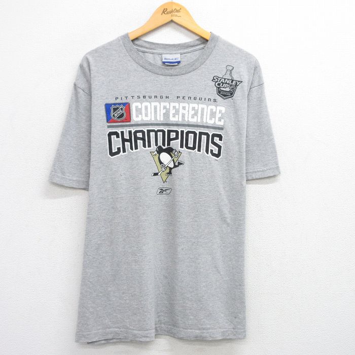 XL★古着 リーボック REEBOK 半袖 ビンテージ Tシャツ メンズ 00年代 00s NHL ピッツバーグペンギンズ 大きいサイズ クルーネック グレー 霜降り アイスホッケー 25aug19 中古