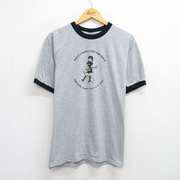 L★古着 半袖 ビンテージ Tシャツ メンズ 00年代 00s 女の子 スタッフ クルーネック グレー 霜降り リンガー 25aug19 中古