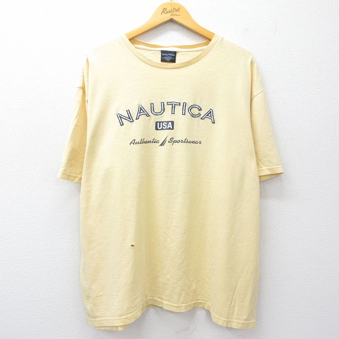 XL★古着 ノーティカ NAUTICA 半袖 ブランド Tシャツ メンズ ビッグロゴ 大きいサイズ コットン クルーネック 黄 イエロー 25aug19 中古