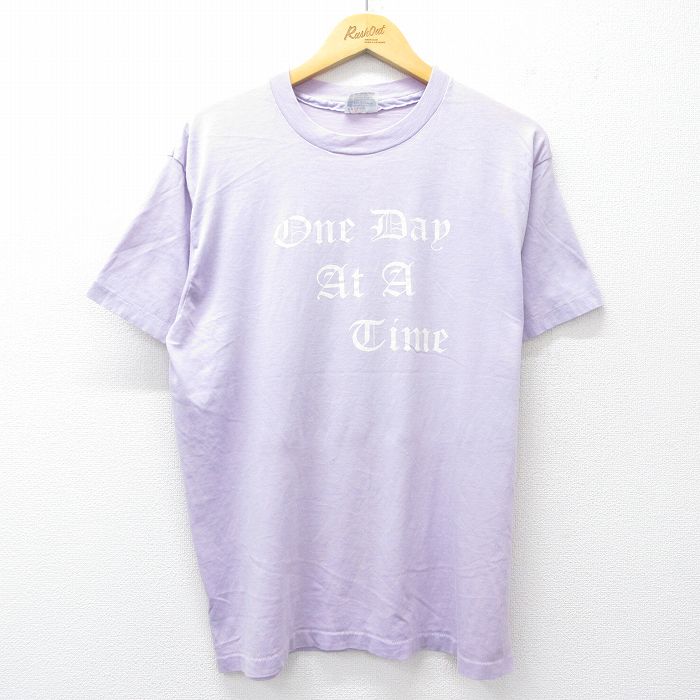 L★古着 ヘインズ Hanes 半袖 ビンテージ Tシャツ メンズ 80年代 80s One day at a Time クルーネック USA製 薄紫 パープル 25aug19 中古