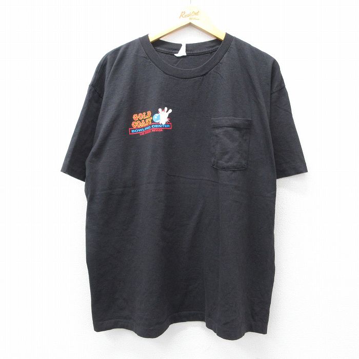 【50%OFF】XL★古着 半袖 ビンテージ Tシャツ メンズ 80年代 80s ボウリング 胸ポケット付き 大きいサイズ コットン クルーネック USA製 黒 ブラック 25aug19 中古
