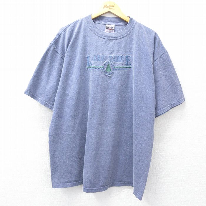 XL★古着 TULTEX 半袖 ビンテージ Tシャツ メンズ 90年代 90s レイクタホー 刺繍 大きいサイズ コットン クルーネック 薄紫系 パープル 25aug19 中古