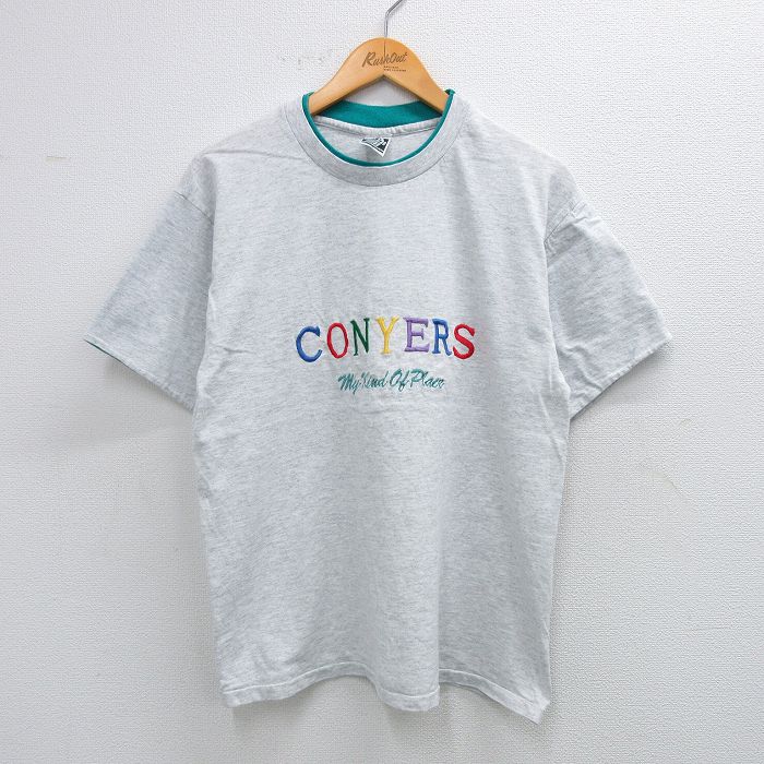 L★古着 半袖 ビンテージ Tシャツ メンズ 90年代 90s コンヤーズ 刺繍 コットン クルーネック USA製 薄グレー 霜降り 25aug19 中古