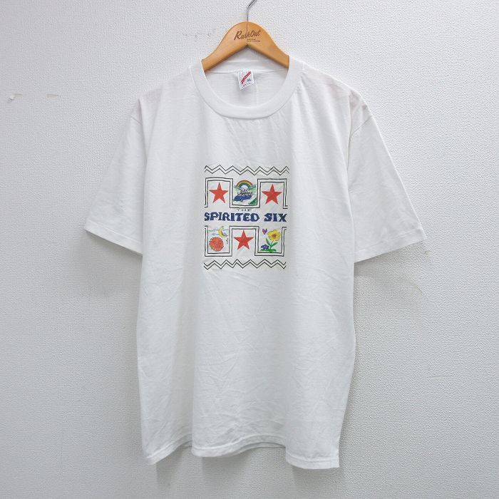 【50%OFF】XL★古着 ジャージーズ 半袖 ビンテージ Tシャツ メンズ 90年代 90s 花 星 クルーネック 白 ホワイト 25aug19 中古