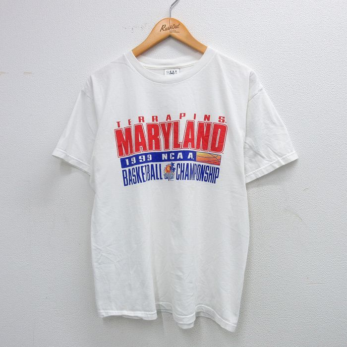 L★古着 半袖 ビンテージ Tシャツ メンズ 90年代 90s メリーランド バスケットボール コットン クルーネック 白 ホワイト 25aug19 中古